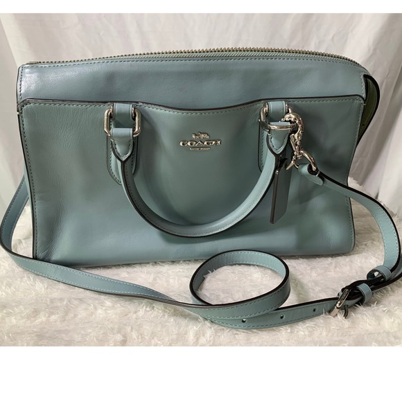 Coach Handbags - Coach Light Blue Leather Satchel Bag Silver Hardware Top Handle Zip Closure#869